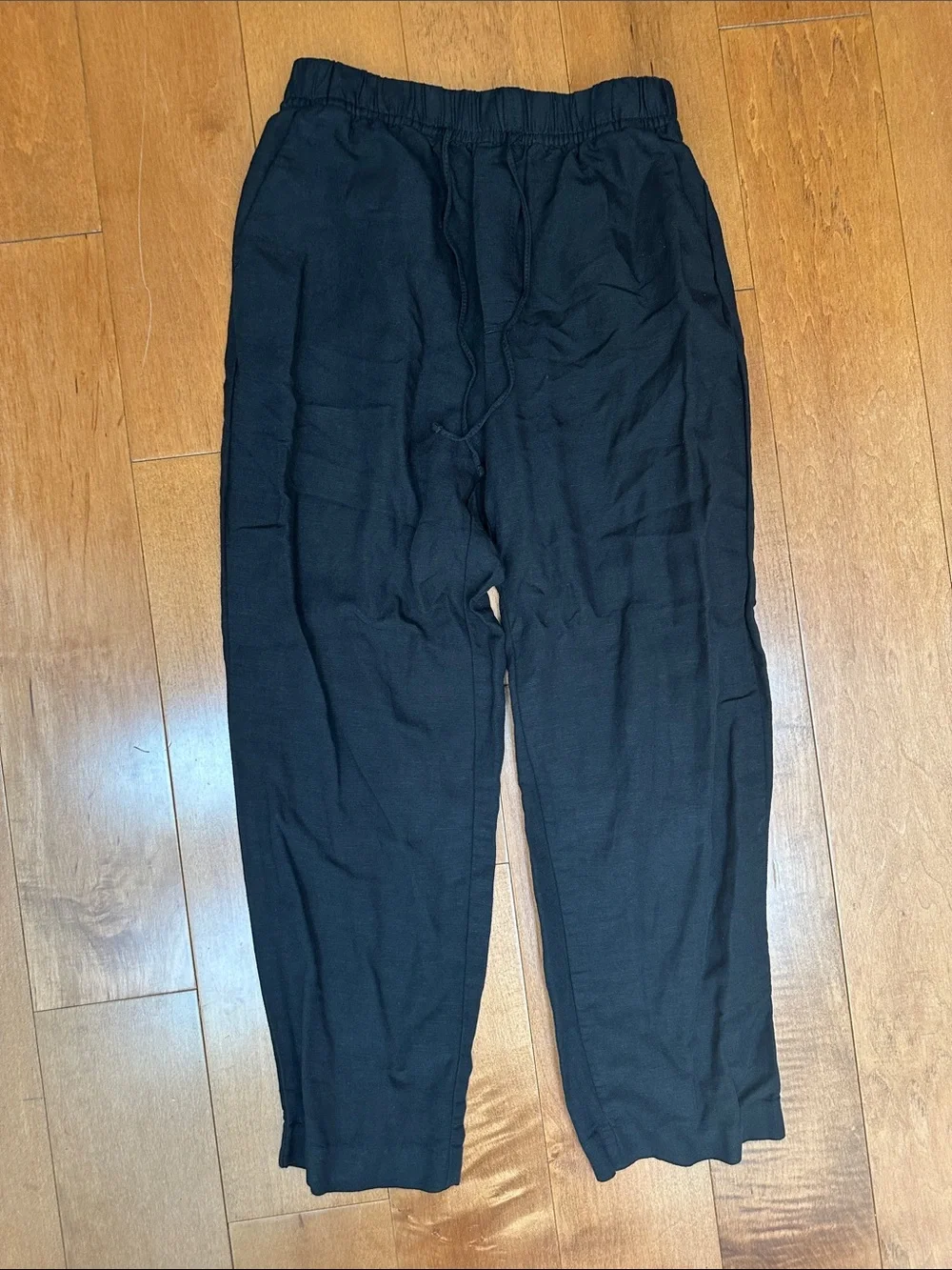 Black Elastic-Waist Drawstring Linen Pants
